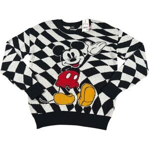 NWT Mickey Mouse Black White Sweater Checker Print Women's Size S Cozy Cute